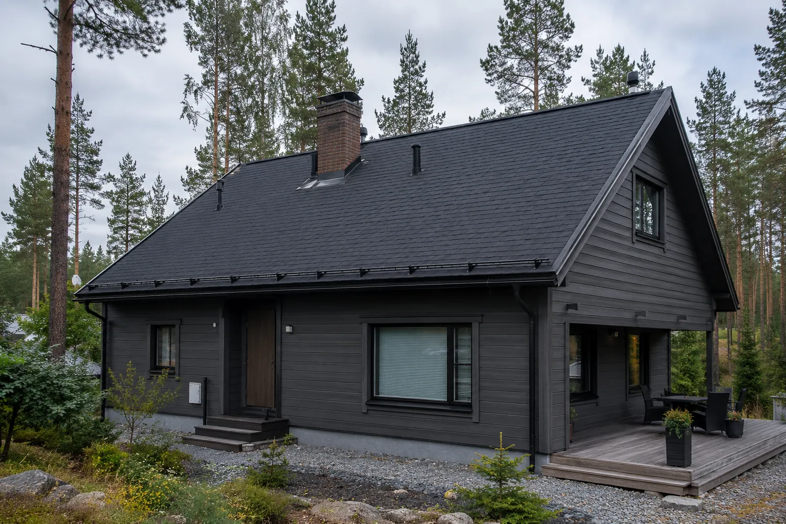 Moderni mustaksi sävytetty omakotitalo mäntymetsässä, jyrkkä harjakatto mustaa palahuopaa, räystäällä lumiesteet ja muurattu savupiippu.