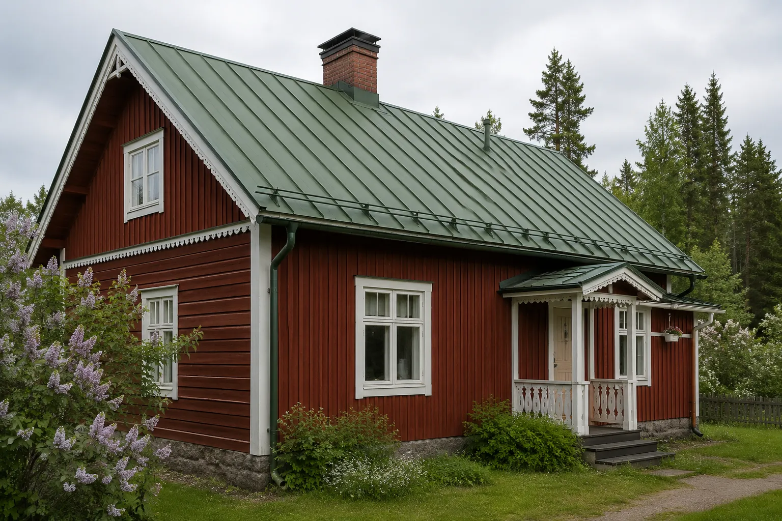 Punamultainen perinteinen puutalo, jonka tummanvihreä konesaumattu peltikatto on loivahko harjakatto, päädyssä koristeellinen sahattu räystäslauta ja muurattu tiilipiippu.